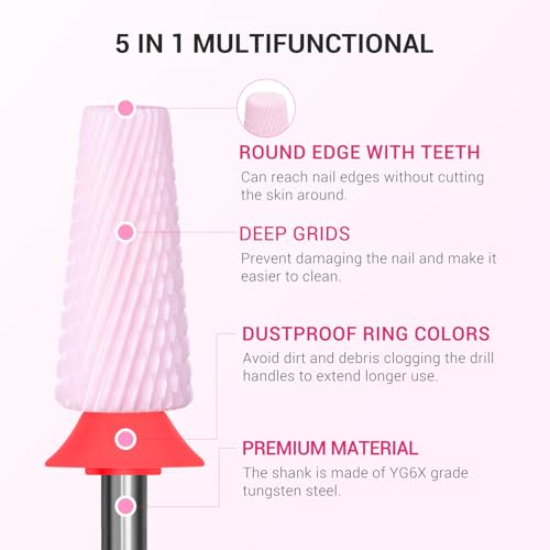 5 in 1 Ceramic Nail Drill Bits - Fine Grit, 3/32'' Shank, Pink