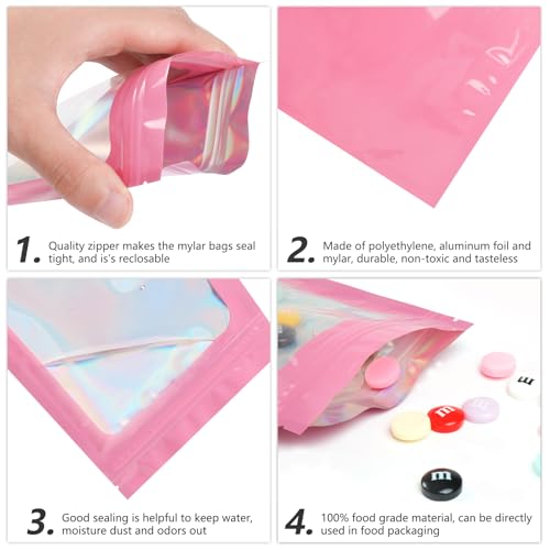 Pink 3x4.7 Inch Resealable Holographic Mylar Bags for Food & Cosmetics - 100 pcs