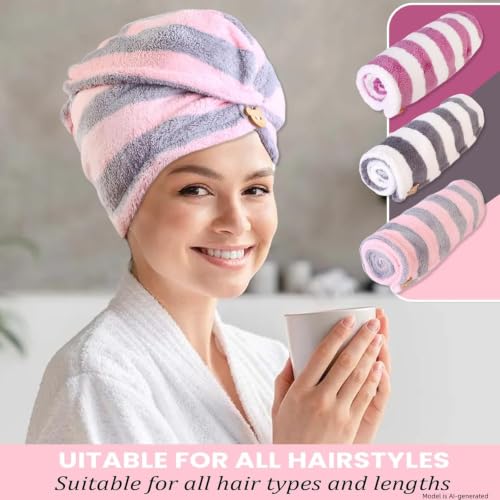 3-Pack Microfiber Hair Towel Wrap with Button | Quick-Drying