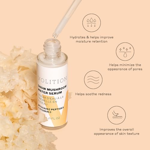 Volition Beauty Snow Mushroom Water Serum with Peptides + Vitamin C | Floods Skin with Moisture & Hydration | Visibly Minimizes Lines, Wrinkles & Pores | Soothes Redness & Improves Skin Texture