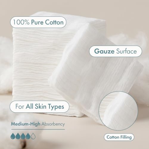 Intrinsics Cotton Gauze Face Pads 200 Count for Gentle Exfoliation & Skin Care