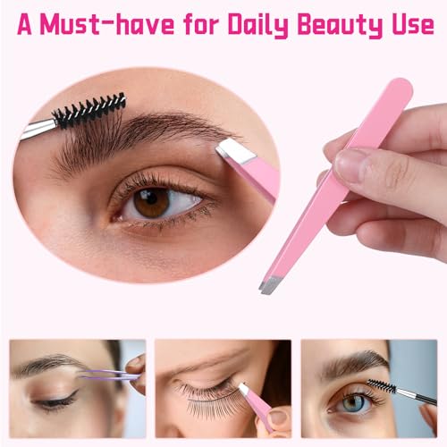 12 Set 6 Pcs Eyebrow Tweezers Kit Christmas Stocking Stuffers Professional Stainless Steel Tweezers Set for Women and Men Facial Hair Splinter and Ingrown Hair Removal(Pink)