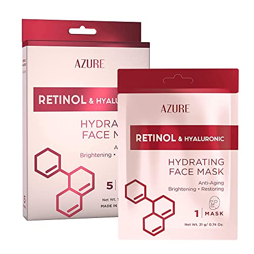 AZURE Retinol & Hyaluronic Acid Anti Aging Facial Sheet Mask - Rejuvenating & Hydrating Face Mask - Helps Reduce Fine Lines & Wrinkles, Smooths & Repairs - Skin Care Made in Korea - 5 Pack