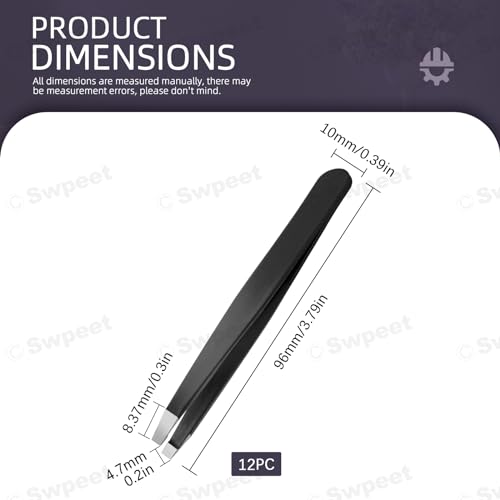 Swpeet 12Pcs 3.79 Inches Black Eyebrow Tweezers Stainless Steel Slant Tip Tweezers Kit, Professional Eyebrow Facial and Hair Remover, Slant Pointed Precision Tweezers Fits for Men and Women