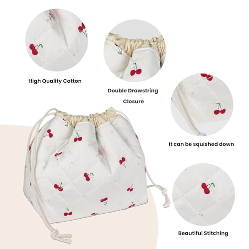 Large Makeup Bag, Cute Drawstring Cosmetic Bag with Canvas Lining, Floral Coquette Aesthetic Toiletry Bag, Travel Make Up Organizer Bag for Women and Girl (Red Cherry)