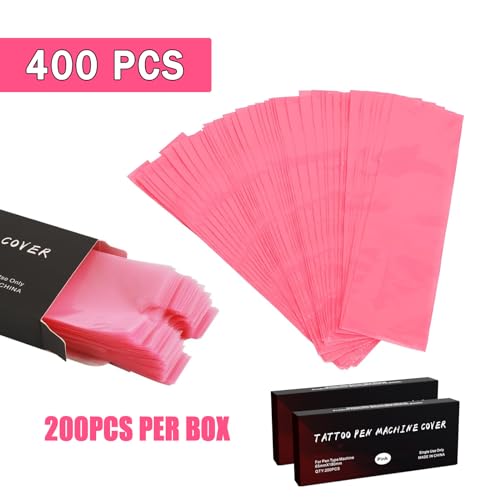 Large Tattoo Pen Covers 400Pcs - Tattoo Machine Covers Tattoo Grip Extra Wide Machine Bags 2.6"x7" Big Sleeves Pink Tattoo Supplies