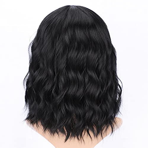 AISI HAIR Bob Curly Wig 14 inch Black Synthetic with Bangs