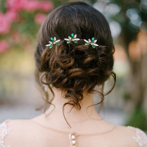 Dizila 12 Pack Gold Metal Emerald Green Rhinestone Party Prom Wedding Bridal U-shaped Hairpins Headpieces Accessories for Brides Bridesmaids Women Girls