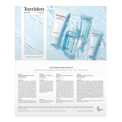 Torriden DIVE-IN Trial Kit, Hyaluronic Acid Infused Daily Skincare Kit - 4 Step Regimen with Foam Cleanser, Facial Toner, Serum, and Cream | Vegan, Hypoallergenic Korean Skin Care