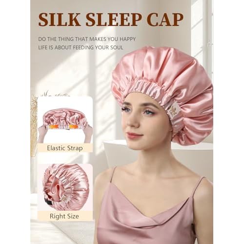 Years Calm Silk Bonnet for Sleeping Women, Double Layer Satin, Ajustable Elasticity Band£¬ Hair Satin Bonnet for Sleeping - Sleep Shower Caps (Light orange, One Size)