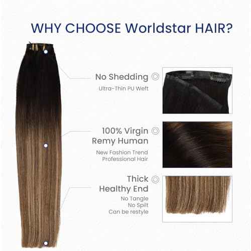 Worldstar Invisible Clip in Hair Extensions Human Hair 22 Inch 6pcs 130g #1B/4/27 Natural Black Ombre Brown with Caramel Blonde Seamless Clip in Hair Extensions PU Skin Weft Straight (pu#1B/4/27-22)