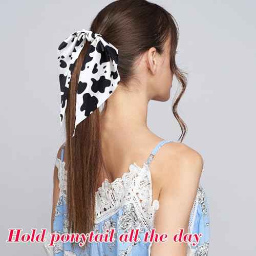 Cow Print Hair Band for Women, Non-Slip Rabbit Bunny Ear Bow Hair Tie Ropes, Elastic Bowknot Ponytail Holder Hair Scrunchies Accessories for Curly Straight Thin Thick Fine Hair