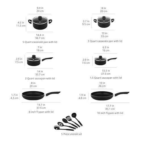 Amazon Basics 3-Piece Non-Stick Frying Pan Set - 8 Inch, 10 Inch & 12 Inch, Black