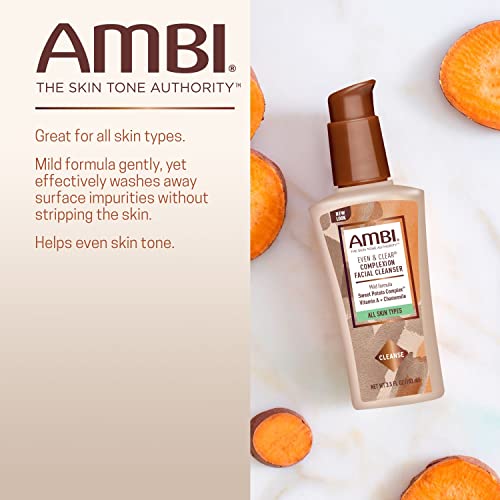 Ambi Even & Clear Complexion Facial Cleanser, For Men & Women, All Skin Types, Sweet Potato, Chamomile, Green Tea, Hydroquinone-free, Soap-free, Alcohol-free, Fragrance-free, Dye-free, 3.5 Fl Oz