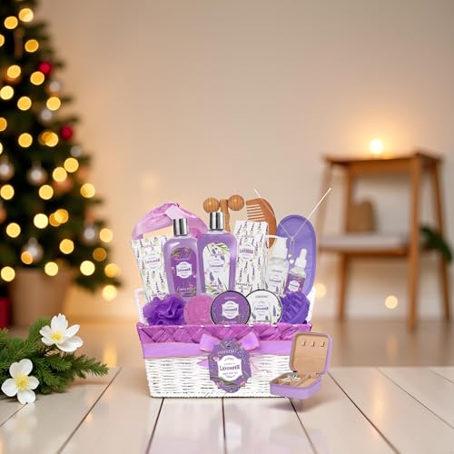 19-Pc Luxury Body Gift Set for Women, Lavender Bath and Body Gift Basket, Spa Gift Basket, Home Spa Gifts, Facial Care, Necklace, Skin Care gift set for Mother Day, Anniversary, Birthday, Christmas