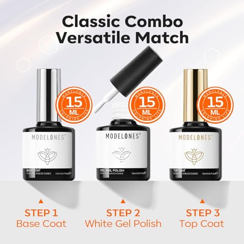 Modelones 3 Pcs Gel Base & No-Wipe Top Coat Set with White Gel Polish