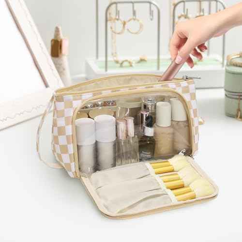 Checkered Makeup Bag Travel Cosmetic Toiletry Bag Make Up Bags with Makeup Brush Organizer Compartments for Women Girls