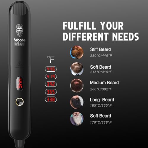 Heated Ionic Hair Straightening Brush for Men - 5 Temperature Settings, Anti-Scald, Beard Shaper & Travel Bag