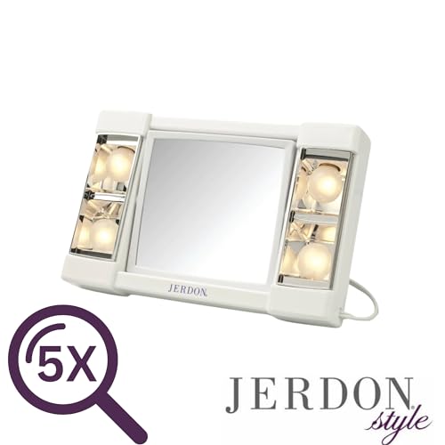 JERDON Two-Sided Makeup Mirror with Lights - Vanity Mirror with 3X Magnification & Glare-Free Lighting - White Base - Model J1010