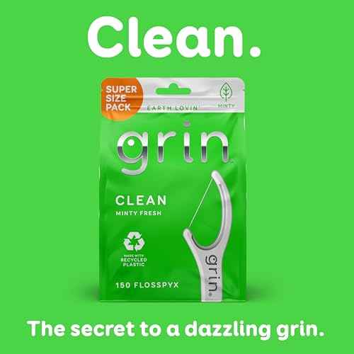 GRIN Clean Flosspyx, Floss Picks, 150 Count, Dental Flossers, Minty Flavor, Recycled Plastic, Super Strong Fine Floss, Tight Teeth, Premium Longer Floss Head, Includes Safe Fold-Back Tooth Pick