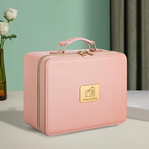 Makeup Bag with LED Mirror & Magnifier, Large Cosmetic Organizer Travel Makeup Case with Adjustable Brightness & 6 Detachable Dividers, Portable Makeup Storage for Women Girls (Pink)