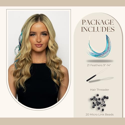 21 Blue Real Feather Hair Extensions – 9-14" DIY Kit