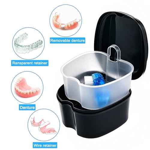 2 Pack Travel Denture Bath Case Set Orthodontic Dental Box Case with Brush, Denture Soaking Cup False Teeth Retainer Container for Clear Braces, Mouth Guard, Night Guard
