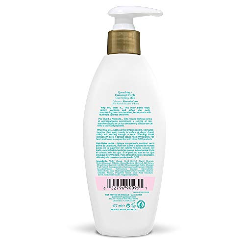 OGX Quenching + Coconut Curls Frizz-Defying Styling Milk, Nourishing Leave-In Hair Treatment with Coconut, Citrus Oil & Honey, Paraben-Free and Sulfated-Surfactants Free, 6 fl oz