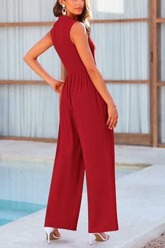 PRETTYGARDEN Womens Summer Jumpsuits Dressy Casual One Piece Outfits Sleeveless Mock Neck Wide Leg Pants Rompers with Pockets (Red,Small)