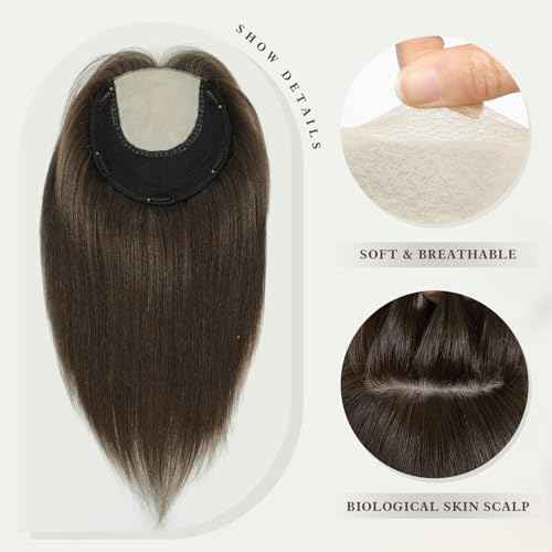 Hair Toppers for Women - 16inch Real Human Hair With Bangs, 8x8inch Skin Scalp Big Base Cover for Thinning or Hair Loss - Remy Top Pieces Wiglets