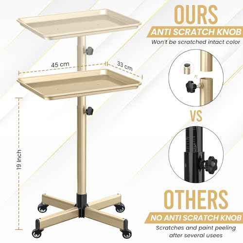 JayGlobal Gold Salon Tray On Wheels, Premium Aluminum Rolling Tattoo Tray, Height Adjustable Tattoo Cart Trolley for Hairstylist Salon, Spa & Clinic