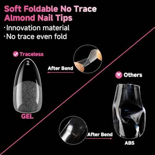 UNA GELLA 504Pcs Medium Pointed Almond Nail Tips, Pre-shape Almond Gel Nail Tips Half Matte Full Cover Acrylic Clear Press on Fake Nails Tips for Nail Extension Nail Art DIY Salon 12 Sizes