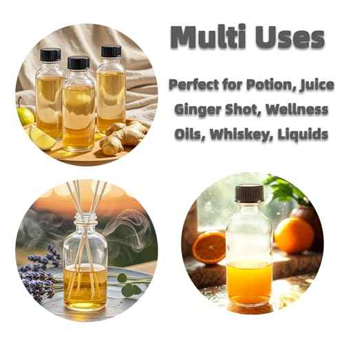 6 Pack 2oz Small Clear Glass Bottles with Lids, Leak-proof 60mL Shot Bottles with Caps for Wellness, Ginger, Essential Oils, Liquids, Potion, Juice, Personal Care & Beauty