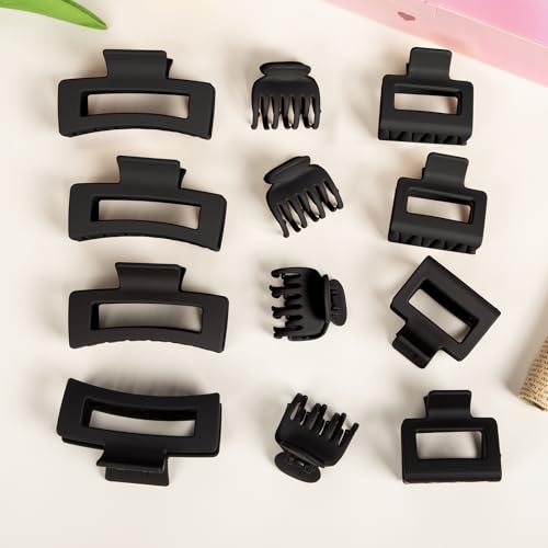 12-Piece Hair Claw Clips Set for Women—Small, Medium & Large All-Purpose Hair Pins (Black) by Tisenla