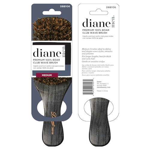 Diane Premium 100% Boar Bristle Club Wave Brush for Men and Barbers – Medium Bristles for Thick Coarse Hair – Use for Detangling, Smoothing, Wave Styles, Soft on Scalp, Restore Shine and Texture