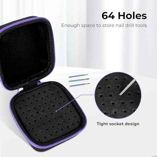 Lavinda Nail Drill Bits Holder, Dustproof Displayer Organizer Container, 64 Holes Nail Bits Container Box Case with High Density Foam to Avoid Slipping & Scratches,Purple (Drill Bits Not Included)