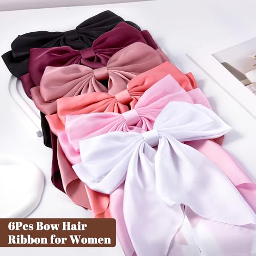 Large Bow Hair Clips for Women - 6 Pack Satin Barrettes