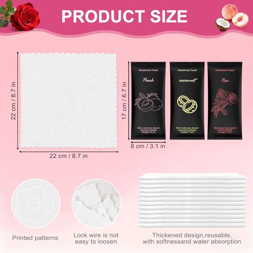 Moist Cotton Towel Bulk Moist Towelettes Individually Wrapped 8.7" x 8.7",White Towel Services,Refreshment Pre Moistened Towels Peach,Rose and Coconut for Sport Party Spa(Pack of 60)