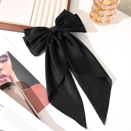 LFOUVRE Black Bow Clip 3pcs, Floral Hair Bow Clips for Girls with Tail, Big Hair Bows for Women, Bows for Girl Bowknot Barrettes, Hair Accessories