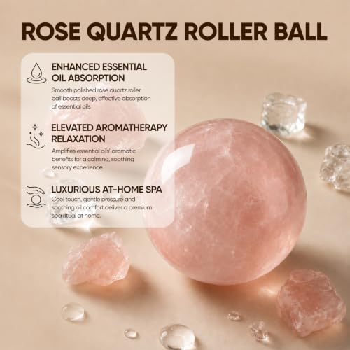 50ML Rose Quartz Roller Bottle for Essential Oils & Serums, Amber Glass