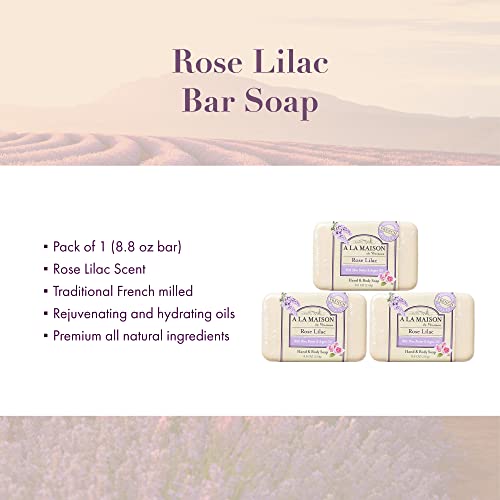 A LA MAISON Rose Lilac Bar Soap - Triple French Milled Natural Moisturizing Hand Soap Bar (1 Bar of Soap, 8.8 oz)