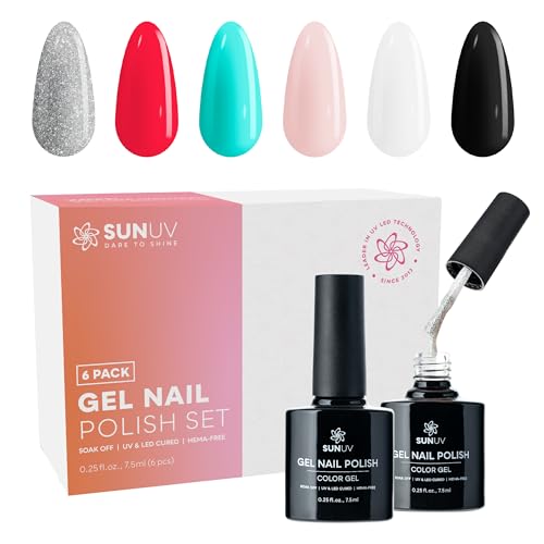 SUNUV Gel Nail Light for Nail Polish 48W UV Dryer SUNone White Hema-Free Gel Nail Polish Kit, 6 Colors Gel Polish Set