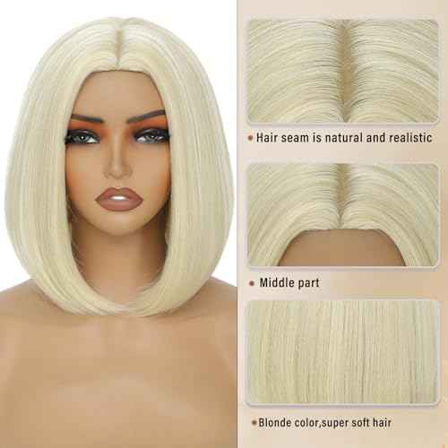 Blonde Bob Wig for Women 12 Inch Straight Blonde Wigs Middle Part Heat Resistant Synthetic Wig
