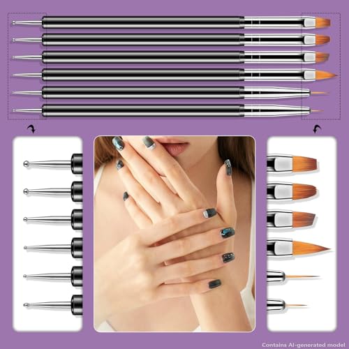 Artdone Nail Art Dotting Tools Set - Black Double-Ended Brushes Kit for Gel Polish