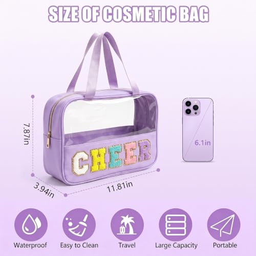 KRYZMET Cheer Purple Makeup Bag with Chenille Letter Patch Waterproof Nylon Travel Organizer for Girls Women