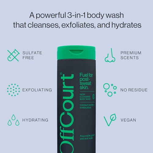 OffCourt Sulfate-Free Body Wash for Men & Women - Non-Drying Exfoliator with Glycolic & Lactic Acids Leaves Skin Fresh & Smooth with Coconut Water and Sandalwood Scent, 14 Fl. Oz (Pack of 1)