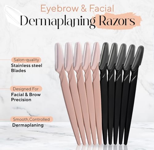 Abiding Essentials Precision Facial Razors 10pc Set - Multi-Color Skin Shaping & Dermaplaning Kit with Stainless Blades, Protective Caps & Luxury Storage Box