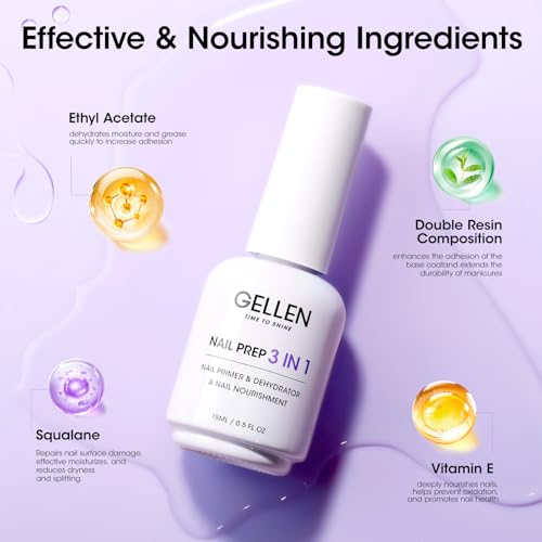 GELLEN 3-in-1 Nail Prep Dehydrator & Primer - Acid-Free 15ML, Air Dry, Nourishing