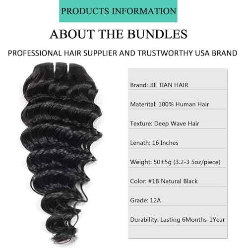 Deep Wave Human Hair bundles 16 Inch 12A Grade Brazilian Hair 100% Virgin Weave Bundles for Black Women (16'' 16'' 16'' 16'')