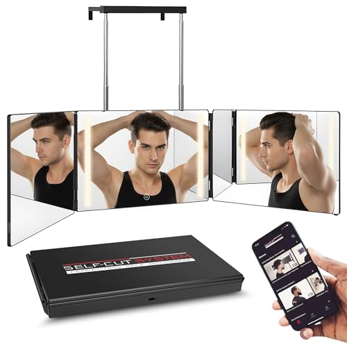 Self-Cut System 3 Way Mirror with LED Lights ? Trifold Self Cut Barber Mirror for Men and Women, 360 View for Easy Haircuts, Travel Friendly - Three Way Design for Grooming and Styling